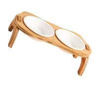 DECOMELODY Comedero Alto para Gatos Doble Cuenco de Cerámica Soporte de Madera para Protección de Columna Bebedero y Comedero para Mascotas Antideslizante y Fácil Limpieza