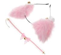DECOMELODY Diadema Orejas de Gato Rosa y Blanco Lazo de Encaje Collar Campanilla Accesorio para Cosplay y Fiestas Diadema Suave y Cómoda para Sesiones de Fotos y Disfraces