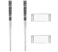 DECOMELODY Juego de Palillos de Acero Inoxidable Sus304 Soporte Reutilizable 2 Pares Negro y Plata Palillos Resistentes al Desgaste para Cena y Uso Doméstico