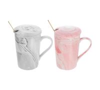 DECOMELODY Tazas de Cerámica de Café y Té Diseño de Mármol 2 Piezas Tapa y Cuchara Colores Rosa y Gris Juego para Oficina y Obsequio Original para Amantes del Café