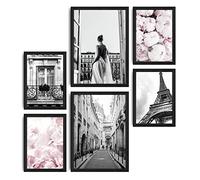 decomonkey - Conjunto de 6 Pósteres SIN Marcos Resumen Estético - 4 x DIN A4 y 2 x DIN A3 - Poster para Pared Cuadros Decoracion Salon Modernos y Dormitorio - Glamour Paris Flores Mujer Rosa