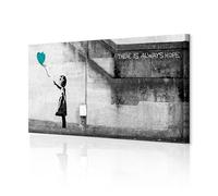 decomonkey Cuadro Lienzo Banksy Chica 120x40 cm 1 pieza Impresión Decoración Cuadro De Pared Material Tejido no Tejido Gráfica Foto Salon Gris Piedra Globo Azul