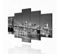 decomonkey Cuadro Lienzo Nueva York 150x75 cm 5 piezas Impresión Decoración Cuadro De Pared Material Tejido Gráfica Foto Salon Horizonte Panorama América Ciudad Arquitectura Noche Negro Gris