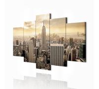 decomonkey Cuadro Lienzo Nueva York Sepia 100x50 cm 5 piezas Impresión Decoración Cuadro De Pared Material Tejido no Tejido Gráfica Foto Salon Horizonte Ciudad Arquitectura Panorama América