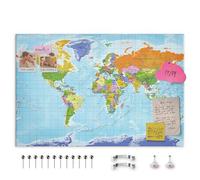 decomonkey Mapa mundi político viajes 50 chinchetas - 120x80 cm Tablero de lienzo - Letra inglesa - Geográfico Decoración de pared para el salón despacho Viaje en tablero de fibra