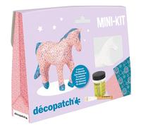 Décopatch KIT010O - Un mini-kit comprenant un animal en papier pulpé blanc, 2 feuilles Décopatch, un pinceau et un pot de vernis colle, Cheval