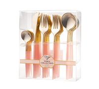 Decor Decorline - Juego de cubiertos reutilizables de plástico resistente, 40 piezas, con 16 tenedores, 8 cuchillos, 8 cucharas y 8 cucharas de postre - Noble - Top: Oro - Mango: Rosa