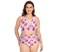 decor gift Bikinis de talla grande, ajustable, color rosa, con lazo de cereza, traje de baño divertido, parte superior halter, cintura alta, para mujer, dos piezas, Pink Football Cherry Bow Fun, Large