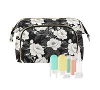 decor gift Bolso de viaje portátil de gran capacidad para cosméticos grandes con diseño de camelia, color negro y blanco