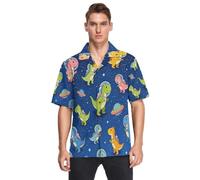 decor gift Dinosaurs in Space - Camisa hawaiana de manga corta con botones para hombre, color azul marino, para verano, playa, Dinosaurios en el espacio azul marino niño, Large