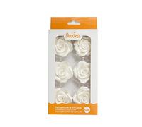 Decora 0500360 Rosas grandes de azúcar, 5 cm, blancas, Hechas a mano con colorantes de extracción natural, Empaquetadas en blister, Ideales para decorar pasteles y dulces, Paquete de 6 unidades