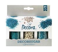 Decora, Decormix Set 2082109, paquete con 3 Sprinkles, de azúcar y chocolate, colores plata y azul metalizado