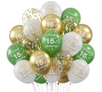 Decoración 15 Años Cumpleaños, 30 Piezas Verde Blanco Oro Globos, Globo 15 Cumpleaños, Decoraciones Fiesta Oro Verde 15er Globos, Globo Cumpleaño 15 Años para Hombres y Mujeres Decoración de Fiestas
