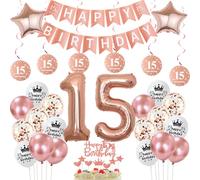 decoración 15 años cumpleaños niña, Rosa Oro globo 15 cumpleaños niña decoración cumpleaños 15 años niña globo,Happy 15th Birthday guirnalda banderola decoración cumpleaños 15 años chica globo
