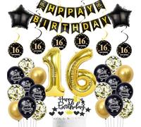 Decoración 16 Años Cumpleaños Niño y Niña - Globos Oro y Negro, Guirnalda Happy Birthday, Decoración Tarta