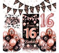 Decoración 16 Cumpleaños, Globos 16 Cumpleaños Mujer Oro Rosa Negro, Decoración Cumpleaños 16 con 16 Pancarta, Confeti para Decoraciones Fiesta de 16 Años