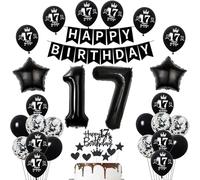 Decoración 17 años cumpleaños niña niño , blanco negro Decoración cumpleaños 17 niña globo, pancarta Happy Birthday, globo de lámina con el número 17, decoracion de tarta 17 años niño