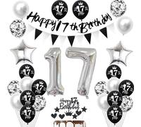 Decoración 17 años cumpleaños niño niña, banderola negra 17 años cumpleaños guirnalda decoración 17 años cumpleaños niña globos plateados decoración 17 cumpleaños 17 años niño niña globos