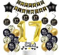 decoración 17 años cumpleaños niño niña, oro Negros globo años 17 cumpleaños niño oro decoración tarta 17 años cumpleaños Happy Birthday guirnalda oro decoración cumpleaños 17 niño globo oro