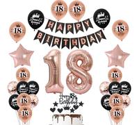 Decoración 18 año cumpleaños niña globo oro rosa negro guirnalda Happy Birthday, deco cumpleaños 18 años niña globo gigante de lámina número 18, decoración tarta 18 cumpleaños chica mujer