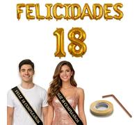 Decoración 18 Cumpleaños - Banda Feliz Cumpleaños Negra y Dorada 150 cm + Globos Letras Doradas Felicidades y Numero 18 - Photocall Fiesta Adultos Hombre Mujer happy birthday kit Decorativo fotocoll