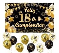 Decoración 18 Cumpleaños Español, Pancarta 18 Cumpleaños + 15 Globos, Feliz 18 Años Cumpleaños,Decoracion 18 Cumpleaños Chica chico, Kit Decoración Fotos para Fiestas Negro y Dorado