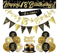 Decoracion 18 Cumpleaños Negros Dorados - 18 Piezas Decoración Fiesta con Helio Globos de Cumpleaños, Pancarta, Decoración Tartas, Happy Birthday Decoracion para 18th Feliz Birthday Chica Chico