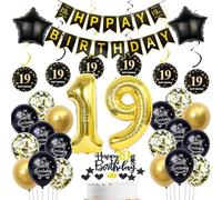 Decoración 19 Años Cumpleaños Niño y Niña - Globos Oro y Negro, Guirnalda Happy Birthday, Decoración Tarta