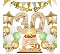 Decoración 30 Años Oro Verde, Globos con Libro de Visitas LED de Madera, Pancarta de Feliz Cumpleaños para Hombres y Mujeres