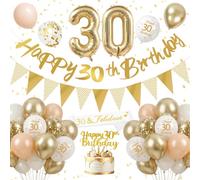 Decoracion 30 Cumpleaños, Globos de Cumpleaños para Chicas Niños con Globos Blancos, Número 30 Globos Metalizado, Pancarta Feliz Cumpleaños, Banderines Decorativos, Decoracion Cumpleaños 30 Años