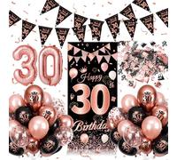 Decoracion 30 Cumpleaños Mujer, 30 Cumpleaños Mujer Oro Rosa Negra, Globos 30 Cumpleaños Decoracion con pancarta, Foil Número 30, Confeti, Globos de Látex para Fiesta de 30 Años