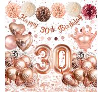 Decoracion 30 Cumpleaños Mujer, Globos 30 Cumpleaños Oro Rosa con Globos de Corazón Corona, Guirnalda Happy 30th Birthday, Pompones de Papel, Decoracion Fiesta 30 Cumpleaños Mujer