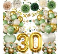 Decoracion 30 Cumpleaños Mujer Hombre, Globos 30 Cumpleaños Verdes Oro con Guirnalda Happy 30th Birthday,Pompones de Papel, Globos de Corazón Reutilizable, Decoracion Fiesta 30 Cumpleaños
