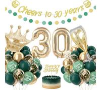 Decoracion 30 Cumpleaños Para Hombres y Mujeres, Oro Verde Decoraciones de Banderas de Globos de Cumpleaños 30 Años con Champán y Globos de Lámina de Corona, Cumpleanos de 30años