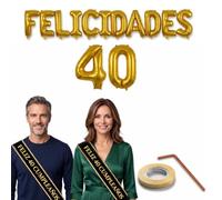 Decoración 40 Cumpleaños - Banda Feliz Cumpleaños Negra y Dorada 150 cm + Globos Letras Doradas Felicidades y Numero 40 - Photocall Fiesta Adultos Hombre Mujer happy birthday kit Decorativo fotocoll