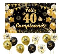 Decoración 40 Cumpleaños Español, Pancarta 40 Cumpleaños + 15 Globos, Banderola de Feliz 40 Años ,Decoracion 40 Cumpleanos Chica chico, Kit Decoración Fotos para Fiestas Negro y Dorado