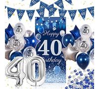 Decoración 40 Cumpleaños Hombre, Pancarta Feliz Cumpleaños Azul, Globos y Photocall Para Fiesta 40 Años, Fondo Para Celebración Hombre Mujer