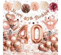 Decoracion 40 Cumpleaños Mujer, Globos 40 Cumpleaños Oro Rosa con Globos de Corazón Corona, Guirnalda Happy 40th Birthday, Pompones de Papel, Decoracion Fiesta 40 Cumpleaños Mujer