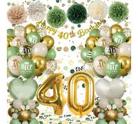 Decoracion 40 Cumpleaños Mujer Hombre, Globos 40 Cumpleaños Verdes Oro con Guirnalda Happy 40th Birthday,Pompones de Papel, Globos de Corazón Reutilizable, Decoracion Fiesta 40 Cumpleaños