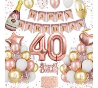 Decoración 40 Cumpleaños Mujer Oro Rosa, Globos de Cumpleaños, Globos 40 Cumpleaños, Globo Número 40, Banner Happy Birthday, Topper Tarta, Globos Foil Botella Champán y Copa, Corazón Estrella, Fiesta