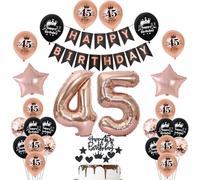 Decoración 45 año cumpleaños mujer globo oro rosa negro guirnalda Happy Birthday, deco cumpleaños 45 años mujer globo gigante de lámina número 45, decoración tarta 45 cumpleaños niña
