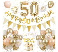 Decoracion 50 Cumpleaños, Globos de Cumpleaños para Chicas Niños con Globos Blancos, Número 50 Globos Metalizado, Pancarta Feliz Cumpleaños, Banderines Decorativos, Decoracion Cumpleaños 50 Años