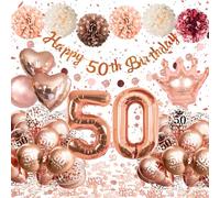 Decoracion 50 Cumpleaños Mujer, Globos 50 Cumpleaños Oro Rosa con Globos de Corazón Corona, Guirnalda Happy 50th Birthday, Pompones de Papel, Decoracion Fiesta 50 Cumpleaños Mujer