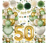 Decoracion 50 Cumpleaños Mujer Hombre, Globos 50 Cumpleaños Verdes Oro con Guirnalda Happy 50th Birthday,Pompones de Papel, Globos de Corazón Reutilizable, Decoracion Fiesta 50 Cumpleaños
