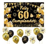 Decoración 60 Cumpleaños Español, Pancarta 60 Cumpleaños + 15 Globos, Banderola de Feliz 60 Años ,Decoracion 60 Cumpleanos Chica chico, Kit Decoración Fotos para Fiestas Negro Dorado