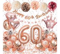 Decoracion 60 Cumpleaños Mujer, Globos 60 Cumpleaños Oro Rosa con Globos de Corazón Corona, Guirnalda Happy 60th Birthday, Pompones de Papel, Decoracion Fiesta 60 Cumpleaños Mujer