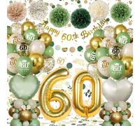 Decoracion 60 Cumpleaños Mujer Hombre, Globos 60 Cumpleaños Verdes Oro con Guirnalda Happy 60th Birthday,Pompones de Papel, Globos de Corazón Reutilizable, Decoracion Fiesta 60 Cumpleaños