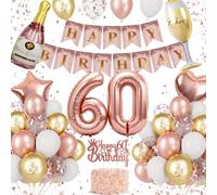 Decoración 60 Cumpleaños Mujer Oro Rosa, Decoracion Cumpleaños 60, Globos 60 Cumpleaños, Globo Número 60, Banner Happy Birthday, Topper Tarta, Globos Foil Botella Champán y Copa, Decoración Fiesta