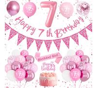 Decoración 7 Años Cumpleaños Niña - Globos Número 7 Rosa, Confeti, Pancarta Feliz Cumpleaños - Adornos Para Fiesta