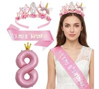 Decoración 8º Cumpleaños Estilo Rosa Encantador, Diadema Festiva y Banda de Purpurina, Globo Número 8 Rosa, Kit Completo de Accesorios para Fiestas y Celebraciones Especiales e Inolvidables